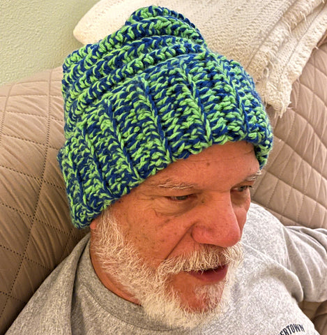 Blue and lime green beanie